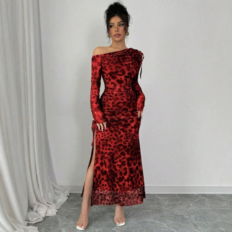 European and American Cross-Border Women's Fashion Elegant Tie-Dye Gradient Pleated Mesh Leopard Print Asymmetrical Collar High-Slit Dress, Women's