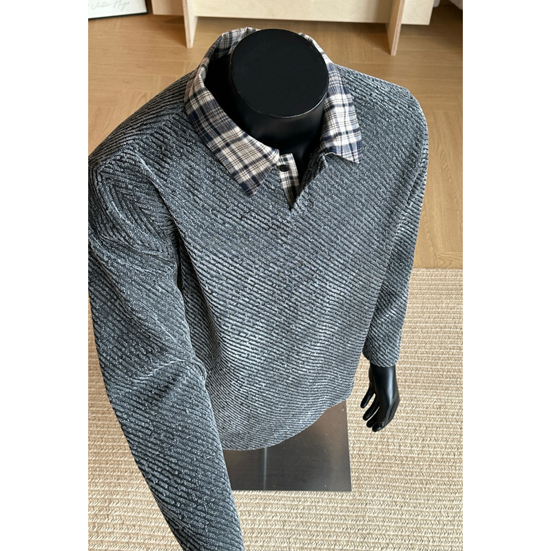 Amerikaanse retro pied-de-poule sweatshirt voor dames en heren, herfst- en winterstijl, poloshirt met revers in kleine stijl._voghion.com