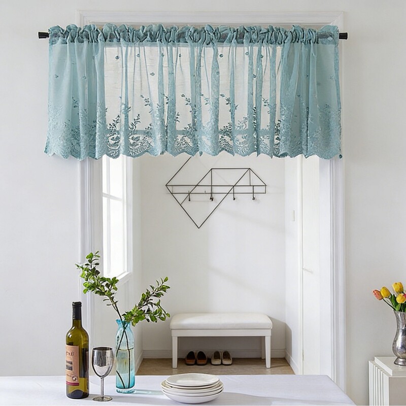 Factory Direct Sale Kitchen Coffee Curtains, Fresh Style Ready-Made Rod-Pole Curtains, Blue Lace Short Curtains