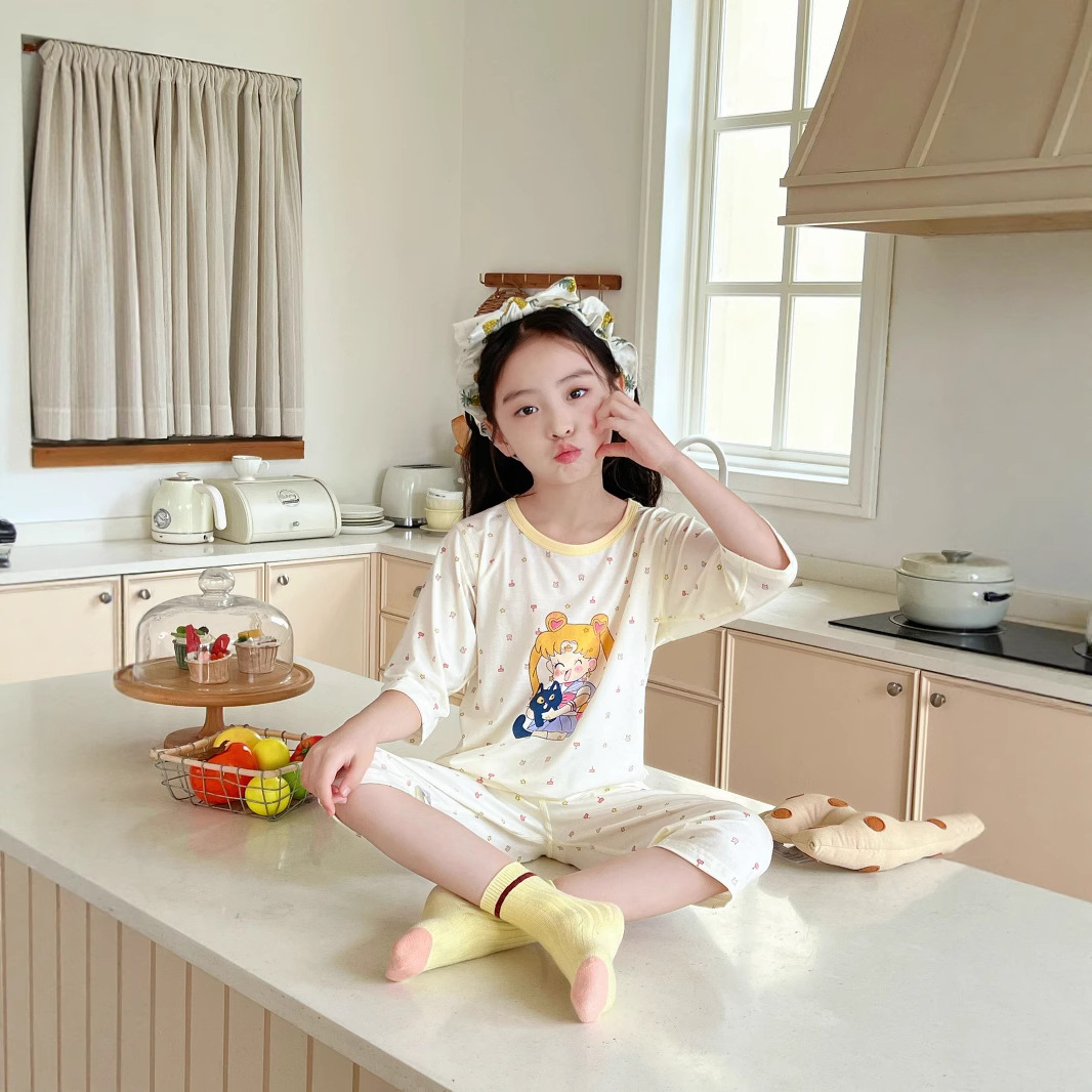 Pijamas finos de verano para niños Yasser ropa de aire acondicionado para bebés para niñas traje de servicio a domicilio de encaje de manga tres cuartos para niñas