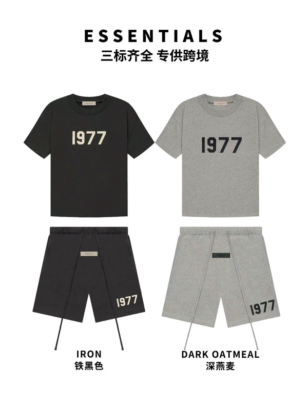 Fog Double Line Ess Short-Sleeved Shorts Set 1977 Flocking Print Cross-Border Clothing American Style Loose Short-Sleeved Men's T-Shirt Fog Double Line Ess Short-Sleeved Shorts Set 1977 Flocking Print Cross-Border Clothing American Style Loose Short-Sleeved Men's T-Shirt