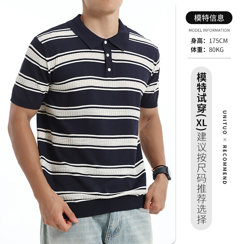 Los hombres europeos y estadounidenses con rayas huecas de hielo de punto polo con collar de manga corta camiseta de lujo ligera de negocios casual