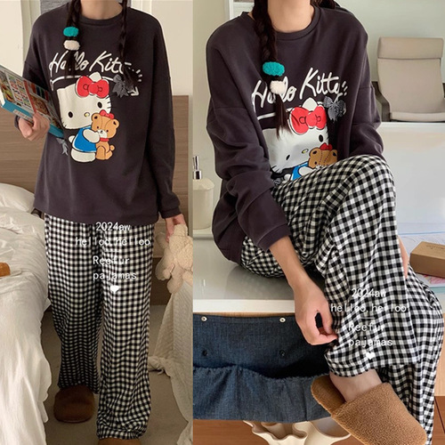 Spring and Autumn Style Loose Round Neck Cute Cartoon Cat Homecoming Set with Long Sleeve Top and Bottom Pants