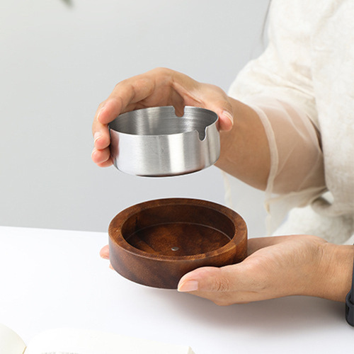 New walnut ashtray, creative, fashionable and convenient ashtray, solid wood stainless steel desktop decoration, tea tray accessories