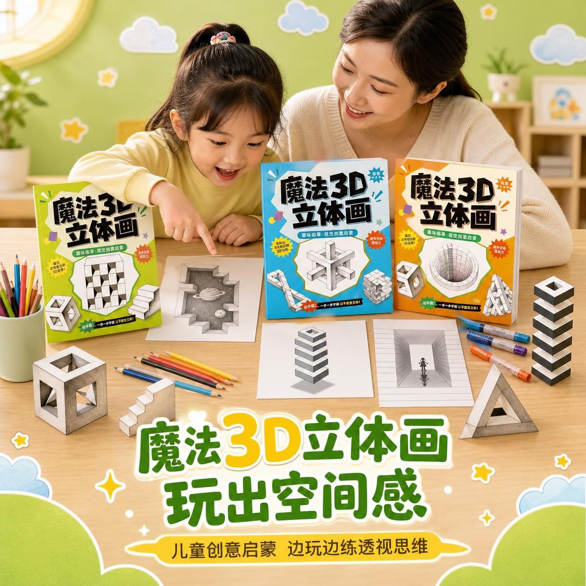 New Children's Magic 3D Stereoscopic Drawing Book for Elementary School Students, Drawing and Coloring Book for Focus and Pen Control Early Education