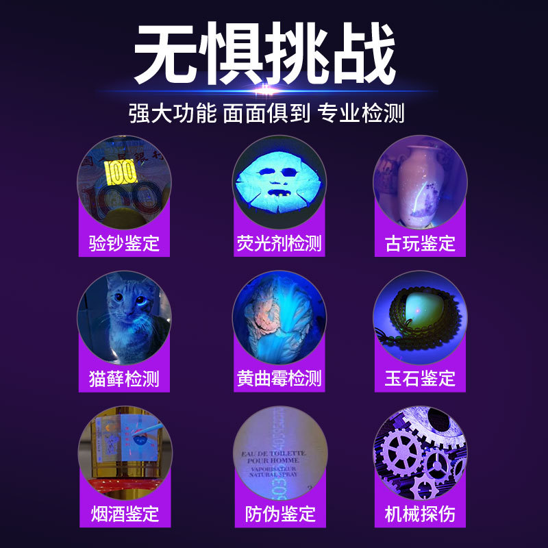 Uv Ultraviolet Flashlight Dual Light Purple Light Jade Anti-Counterfeiting Banknote Detection Cat Moss Fluorescent Agent Detection Light Scorpion Light