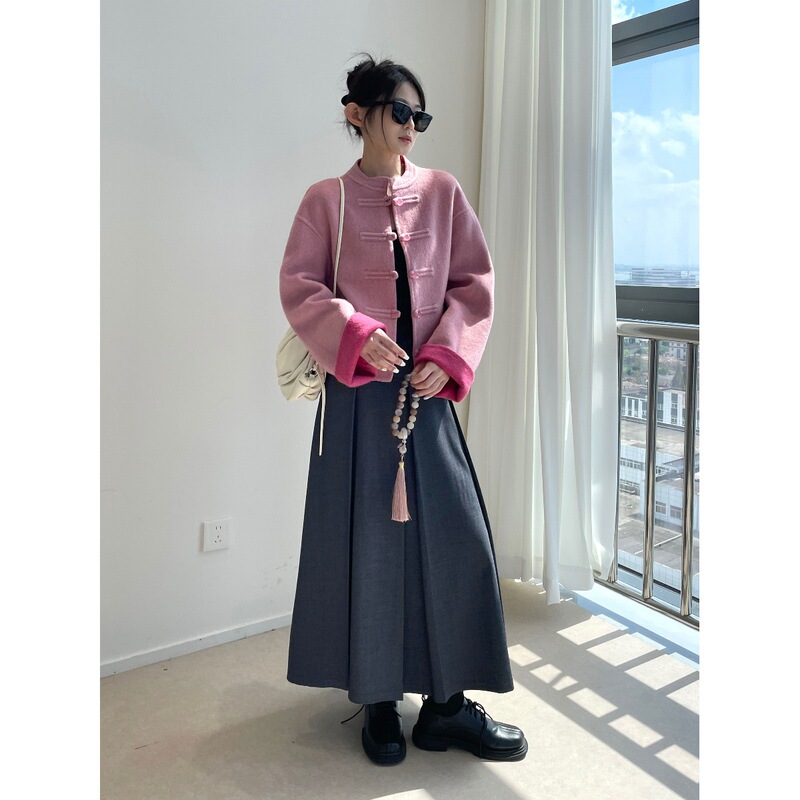 [Same Style as Jiang Yan] Sheep Wool Camel Velvet Mulberry Silk New Chinoiserie Outwear Chinoiserie Pink Short Outwear 2025