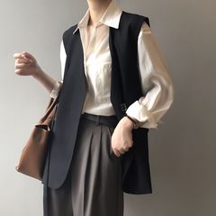 无领西装马甲女咖色V领外搭春秋时尚背心系带外套女士外穿英伦风