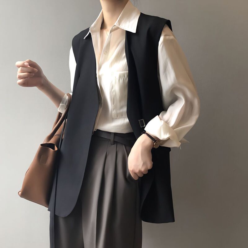 Collarless Suit Vest for Women, Coffee Color V Neck Outer Wear, Spring & Fall Fashion Vest, Lace-Up Jacket, Women's Outer Wear, British Style