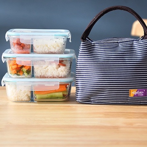 Fábrica directa a través de alta borosilicona de vidrio almuerzo caja de almuerzo resistente al calor caja de almuerzo fresca caja de almuerzo puede calentar el logotipo de impresión de microondas