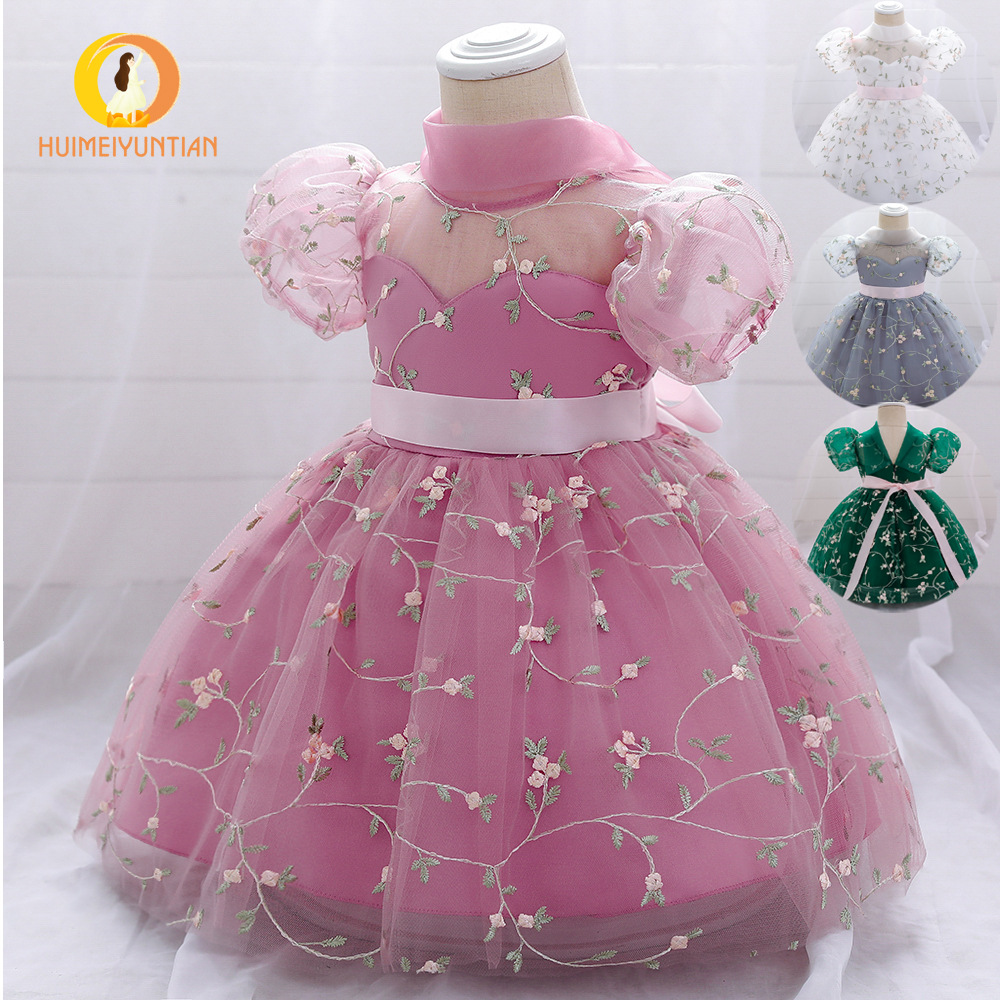 批發繡花女童裙2024歐美新款滿月嬰幼童蓬蓬裙婚紗兒童禮服公主裙