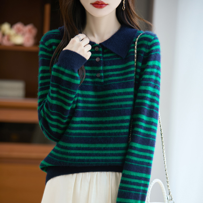 翻领拼色条纹100纯羊毛针织衫女秋冬内搭毛衣长袖女装打底衫上衣|undefined