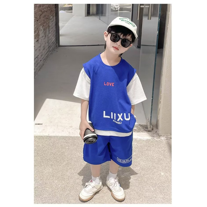Traje de ropa de verano para niños 2024 nueva ropa para niños mediana y grande verano Internet celebridad deportes de moda Traje de dos piezas de manga corta para niños