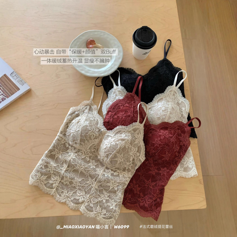 秋冬新款W6099#法式磨绒提花蕾丝吊带暖糯舒适时尚百搭V领背心女|undefined
