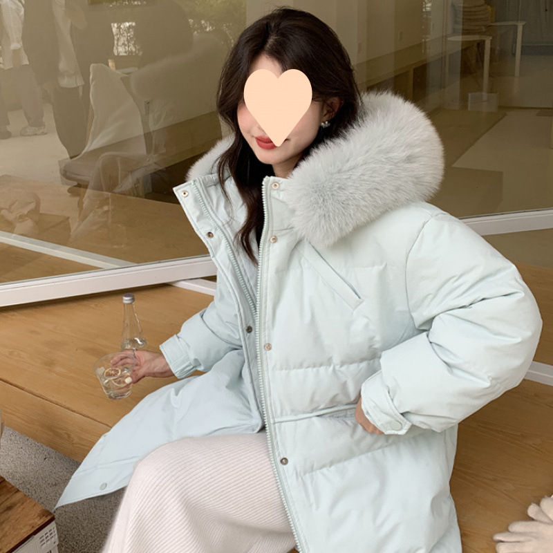 다운 재킷 2024 여성의 새로운 중간 길이 패션 하이 엔드 센스 두꺼운 긴 겨울 재킷 폭발