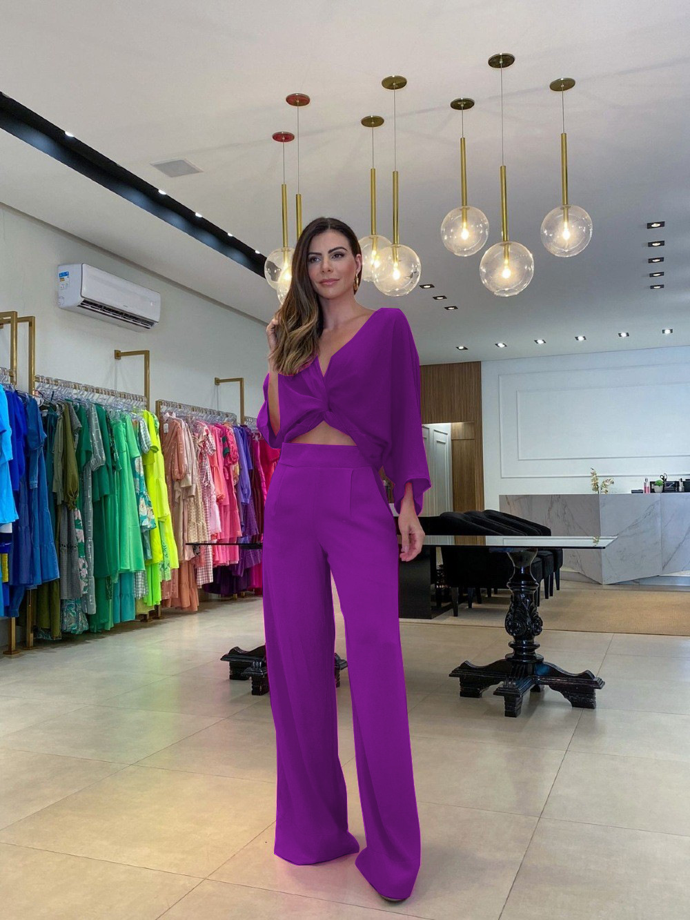 610g Weight 3/4 Length Sleeve Sleeve Length Cotton Blend, Polyester Fabric Type Pant Co-ord Set Sets Type Street Women'S Casual Solid Color Cotton Blend Polyester Patchwork Pant Co-ord Set Pants Sets