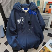 美式复古秋冬新款连帽卫衣男女加绒百搭情侣时尚宽松拉链开衫外套