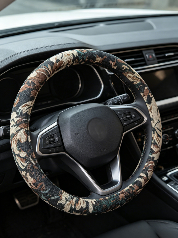 Summer Steering Wheel Cover, Breathable Cotton and Linen, Retro Oil Painting, National Trend, Men's and Women's Style, Universal for All Seasons, Car Handlebar Cover, Protective Cover