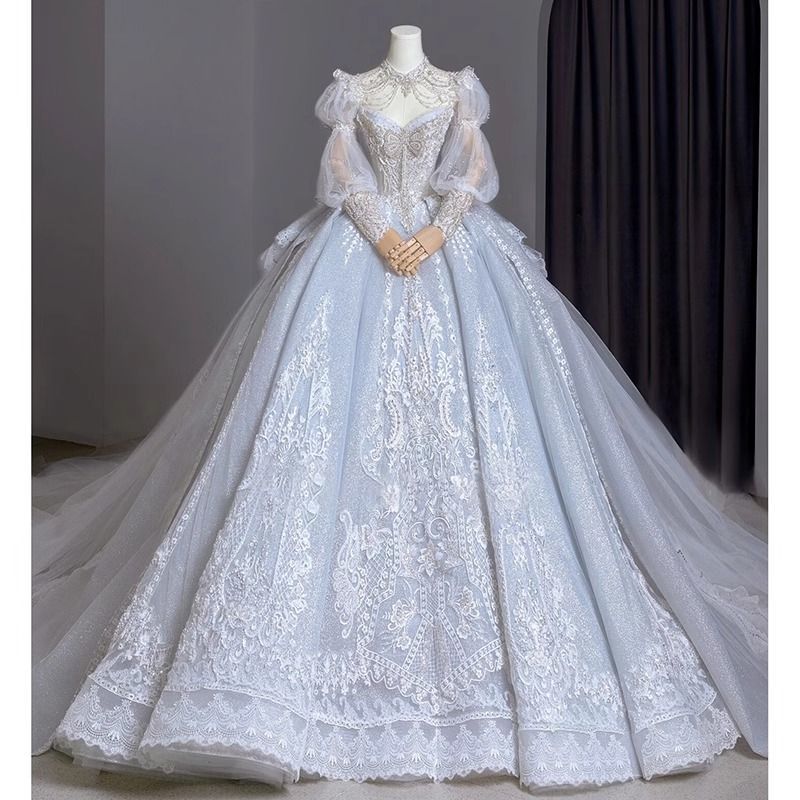 Long-Sleeve Blue Wedding Dress 2025 New Model Bridal Heavy Main Fabric French Train Light Luxury Niche