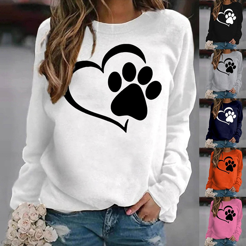 Fashion dog claw print sweatshirt spring autumn winter long sleeve round neck casual sweater women's hoodless sweatshirt