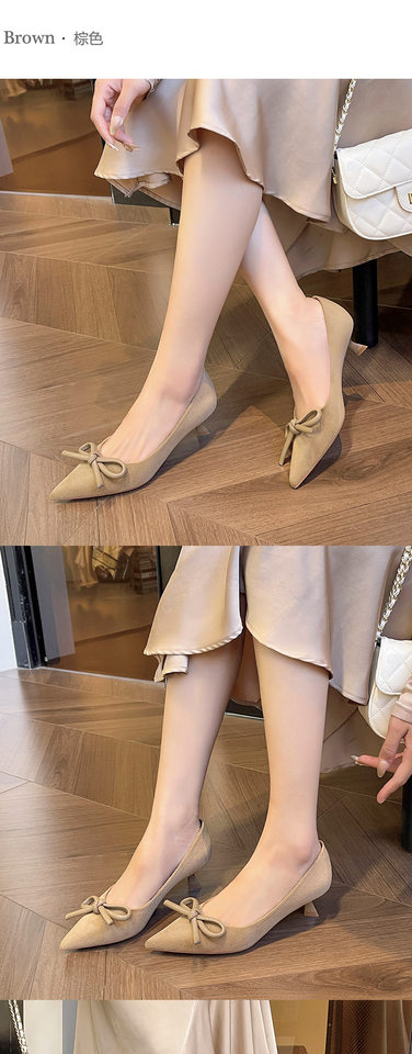 Giày cao gót nữ mũi nhọn gót mảnh thấp cổ điển, thân mềm trang trí nơ, phong cách thanh lịch — màu nâu sô cô la, quần kaki chi tiết 6