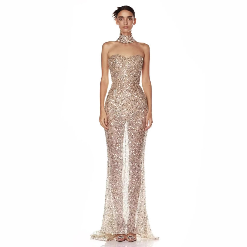 2025 French-Style High-End Gold Tube Top Dress, Sequined Gown, Light Luxury Elegant Party Dress, Shiny Mermaid Long Dress 2025 French-Style High-End Gold Tube Top Dress, Sequined Gown, Light Luxury Elegant Party Dress, Shiny Mermaid Long Dress