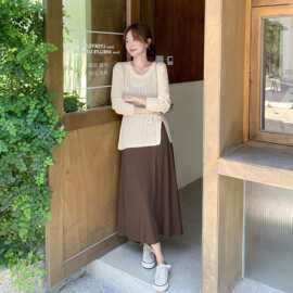 镂空针织罩衫连衣裙套装女春秋法式复古设计针织衫吊带裙两件套