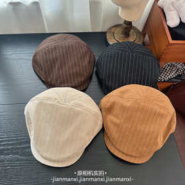 日系条纹复古前进帽女春夏薄款辣妹街头古着风短檐贝雷帽画家帽男