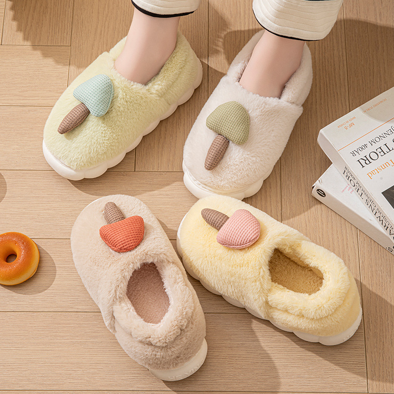 Cotton Slippers Women's Thick Slippers Autumn and Winter New Cute Mushroom Couple Indoor Non-slip Warm Household Mao Mao Slippers for Outer Wear