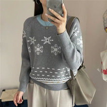 灰色复古雪花毛衣女秋冬2025新款欧货高级感软糯宽松慵懒风针织衫