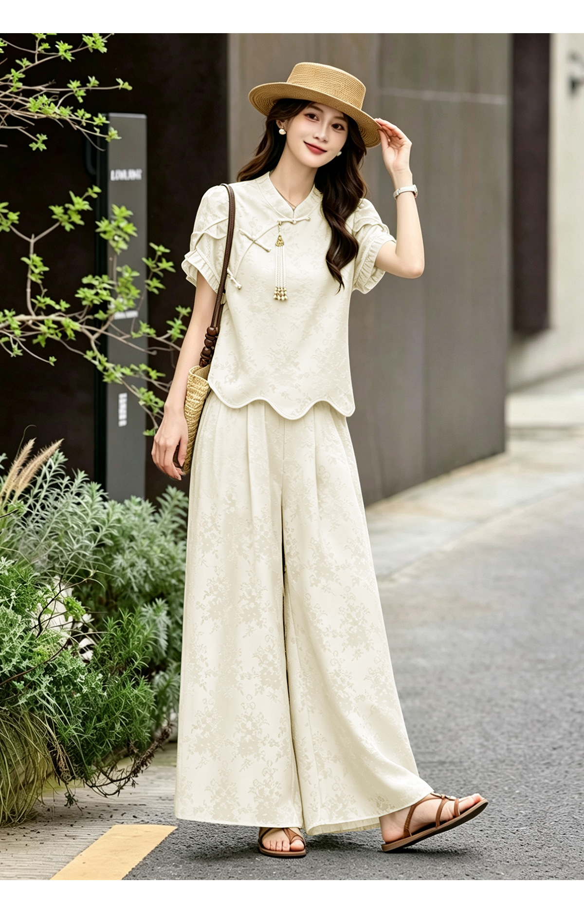 Bộ áo sơ mi họa tiết jacquard kết hợp quần ống rộng cạp thun hai mảnh thời trang — Vàng kem, xanh lá cây chi tiết 23