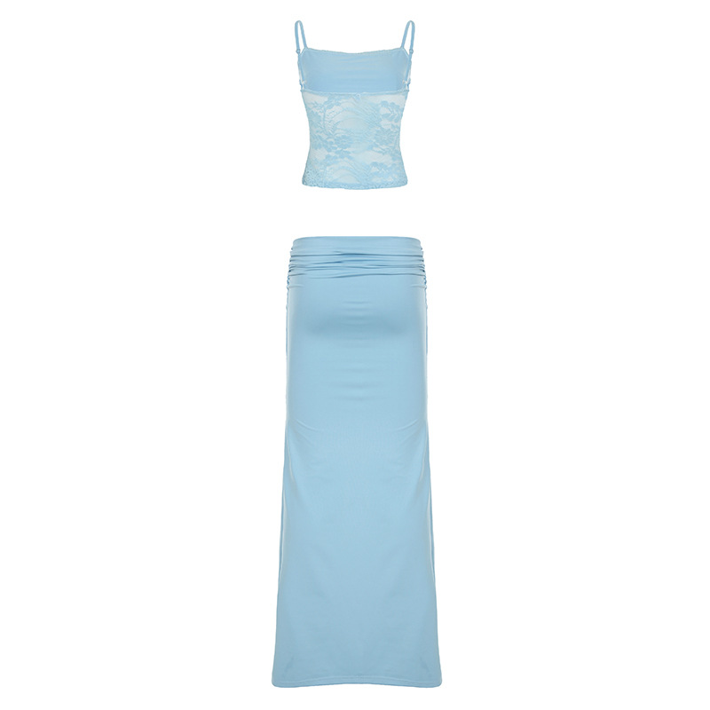 Women Clothing Lace Top with Narrow Straps Stitching Satin Fishtail Skirt Slim Waist Sheath Skirt Two Piece Sets