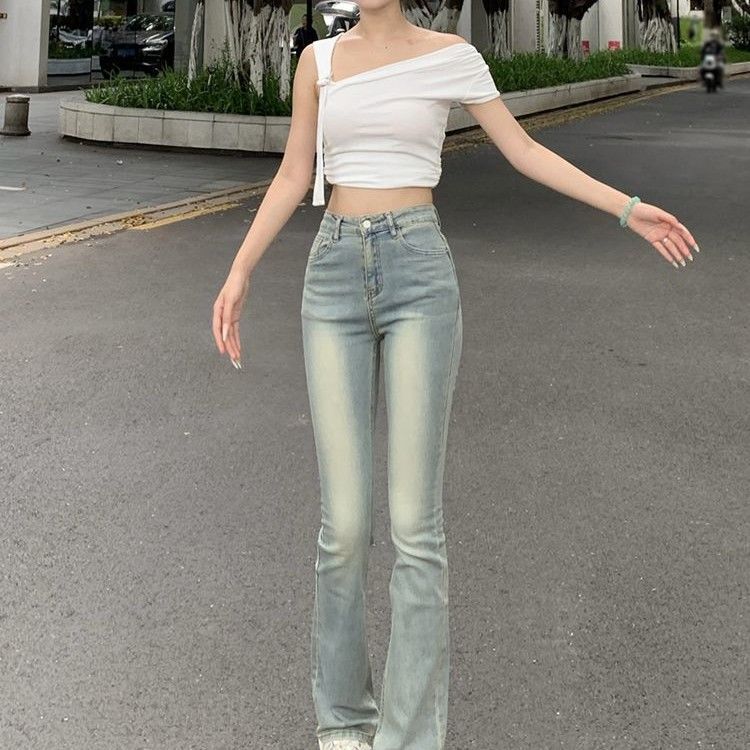 美式小个子高街百搭修身微喇叭黄泥染牛仔裤女春设计感高腰显瘦裤|undefined