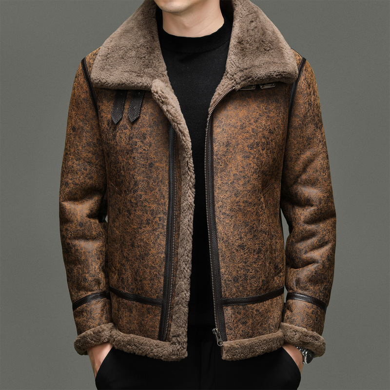 Men's Fur and Leather One-Piece Jacket, Sheepskin Lining, Casual Warm Jacket, Men's Fashion Leather Jacket, Men's Clothing