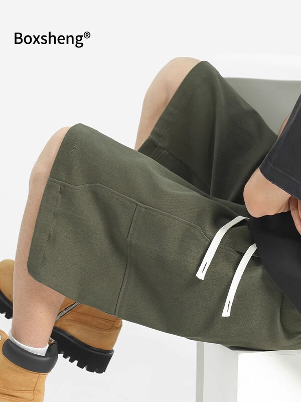 メンズショートパンツ、夏用アウターウェア、薄手の純綿バスケットボールパンツ、ミッドパンツ、ルーズビーチパンツ、ワークウェア、カジュアルパンツ|undefined
