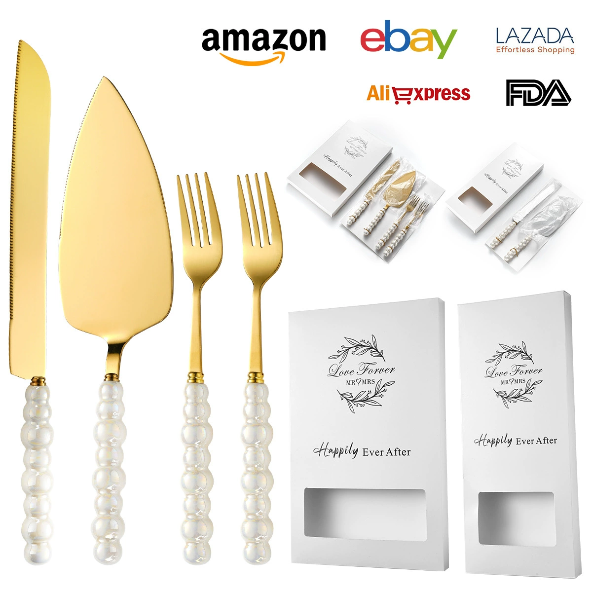 Set stainless steel, ceramic handle, dessert fork, Amazon, light luxury style