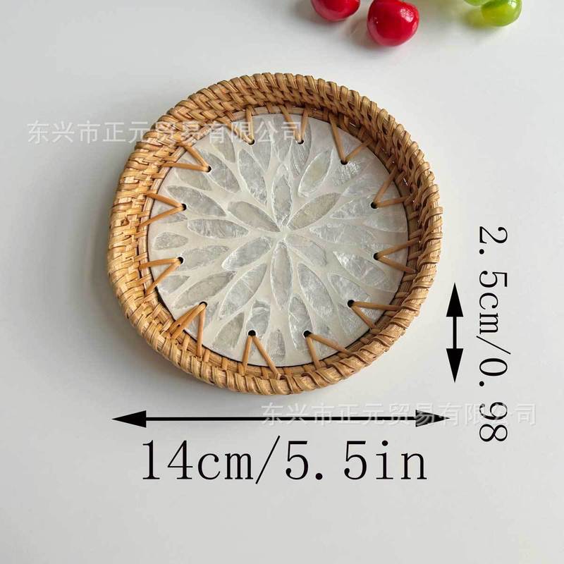 藤编贝壳托盘客厅零食收纳盘糕点茶盘圆形贝壳收纳托盘水果篮|undefined