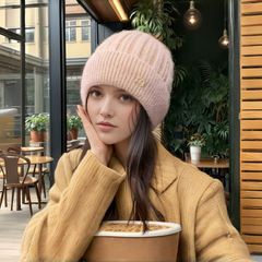 秋冬季水貂针织帽女韩版时尚百搭纯色帽加绒加厚套头防寒毛线帽子