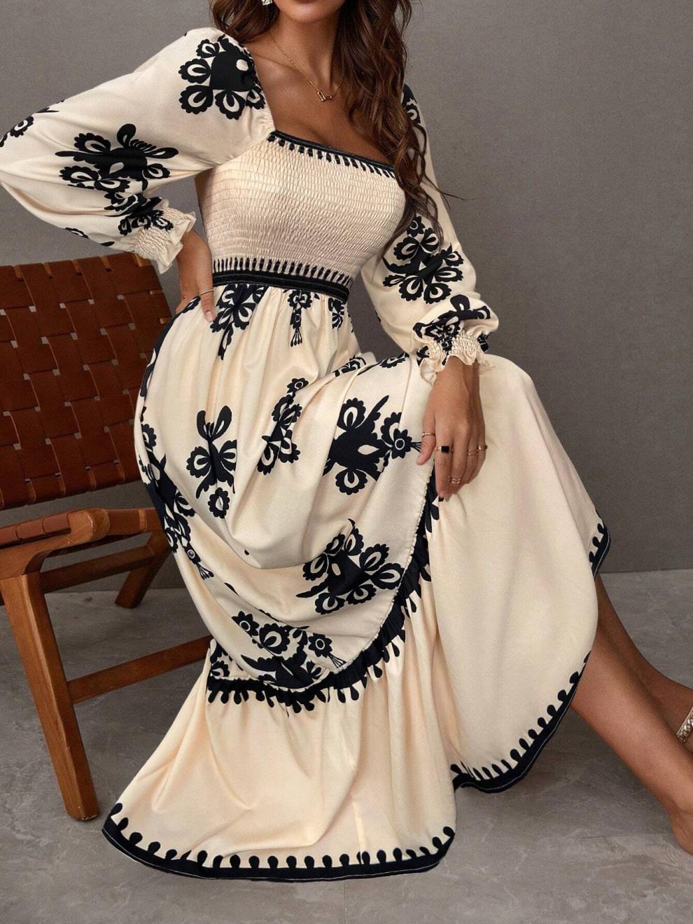 Maxi Long Dress Dress Length Type Long Sleeve Sleeve Length Wholesale Women's Elegant Streetwear Printing Holiday Banquet Selfie Square Neck Long Sleeve Sheath Dress