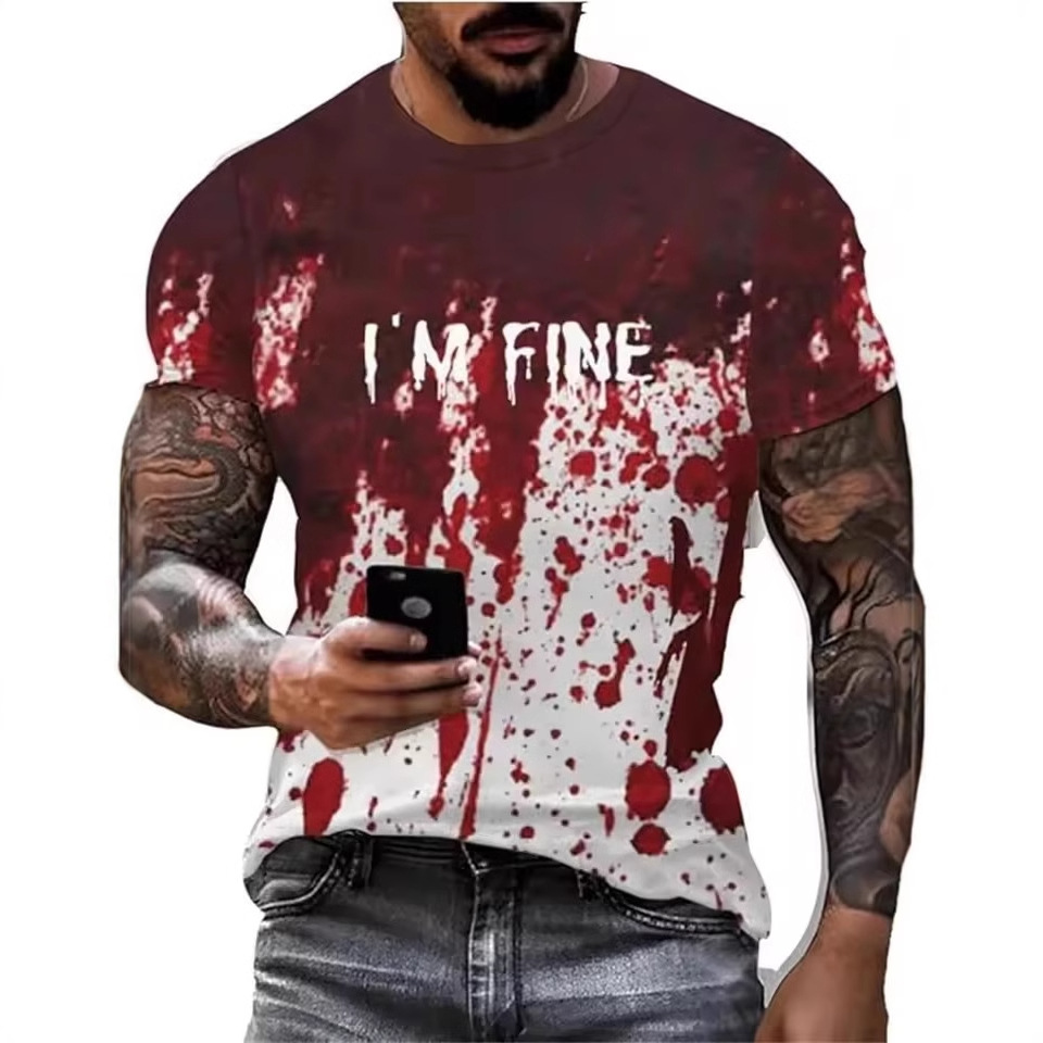 2024 venta caliente divertido eslogan manchado de sangre impresión 3D hombres personalidad de la calle suelta y transpirable camiseta de cuello redondo de manga corta