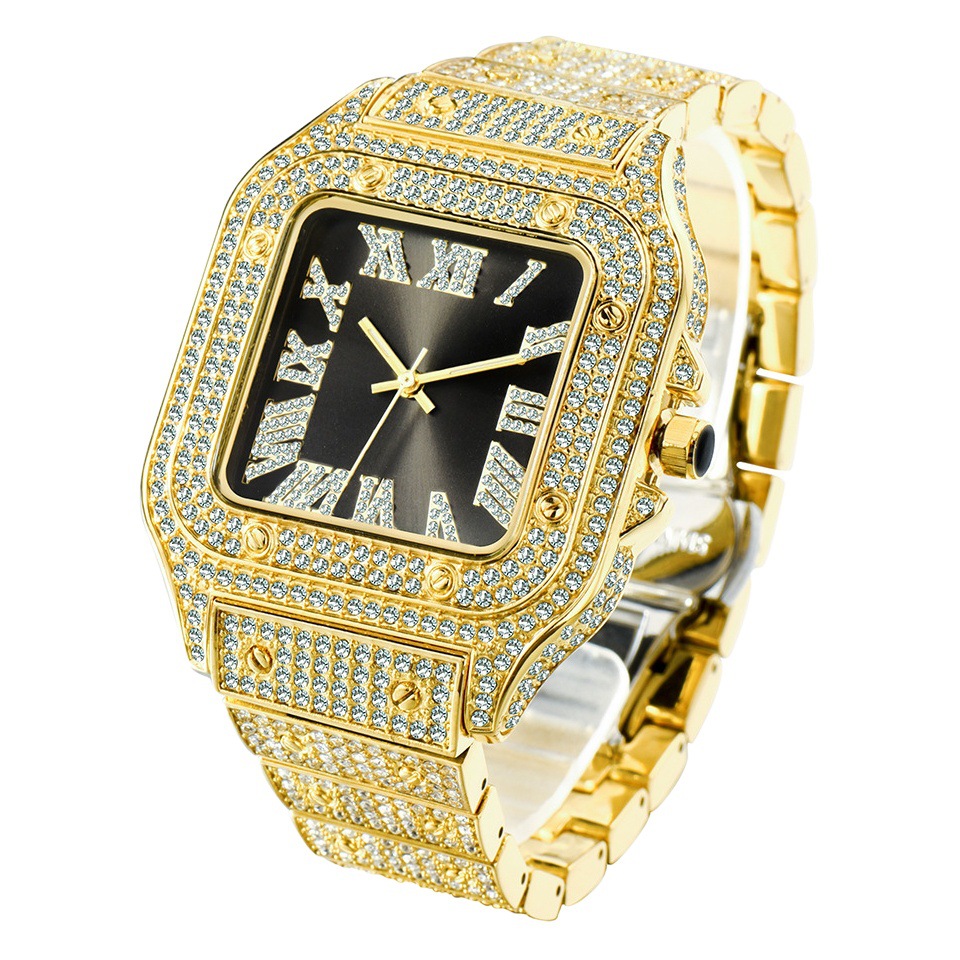 Reloj MISSFOX Escala romana popular europea y americana de alta gama de moda hip hop diamante incrustado cuadrado reloj de hombre