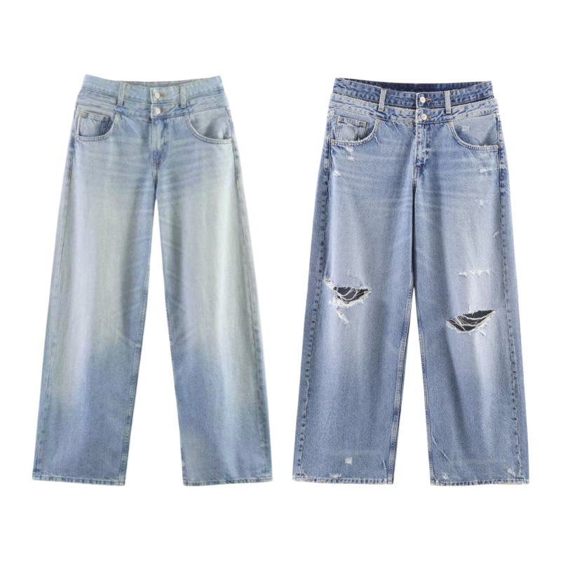 Unizera Women's Clothing 2026 Summer New Fashion Double-Layer Waist Mid-Waist Straight Jeans for Women 3607014