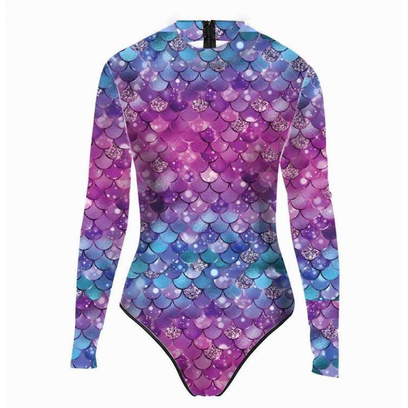 파란색과 보라색 긴팔 원피스 수영복-S