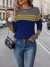 L 10711 Striped Color Block Knit Sweater ƴɫ�l�yë�� �羳��