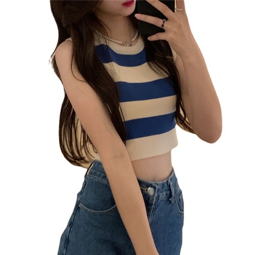 Knitted striped camisole women's  summer outer wear and inner wear sweet hot girl short sleeveless student top