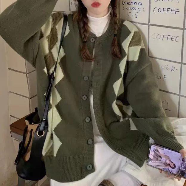 开衫毛衣女秋冬韩版宽松慵懒风2025圆领设计感菱形格长袖针织外套