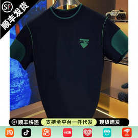 夏季男士轻奢短袖新款字母拼接撞色休闲潮流百搭早春短袖百搭上衣