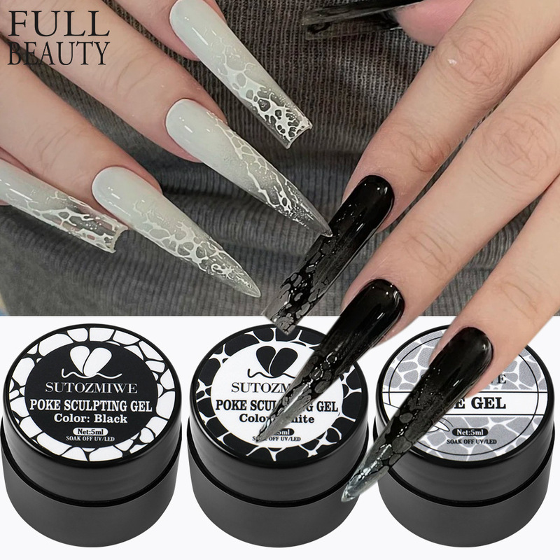 Cross-Border New Nail Art Stamping Gel Punk Style Black and White Pattern Hollow Lace Hole with Base Gel Art Nail Gel
