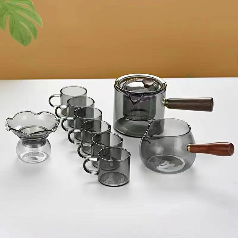 Borosilicato ahumado gris vidrio tetera mango lateral olla mango de madera maciza olla Kung Fu juego de té hogar gran capacidad tetera