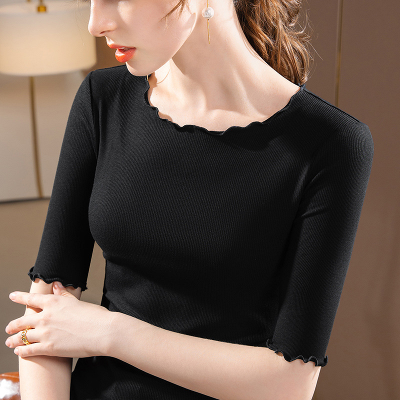 Camisa de fondo de manga media para mujer 2022 nueva camiseta de cuello redondo modal para mujer que reduce la edad en la oreja de madera interior superior de color sólido image 3